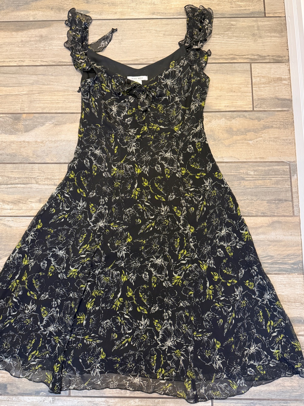 Vintage 100% Silk Nine West Black Floral Midi Dress